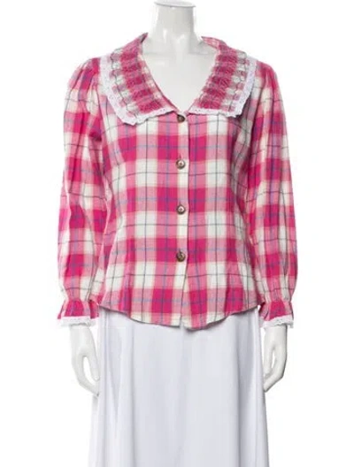 Pre-owned Tach Clothing Plaid Print V-neck Top In Pink