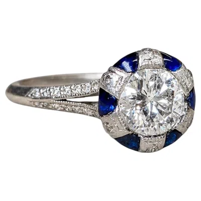 Pre-owned Tacori Platinum 1ct Diamond & Bufftop Sapphire Deco-inspired Engagement Ring In Blue