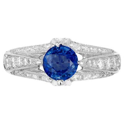 Pre-owned Tacori Platinum Engagement Ring, Gia .93ct Blue Sapphire & Diamonds