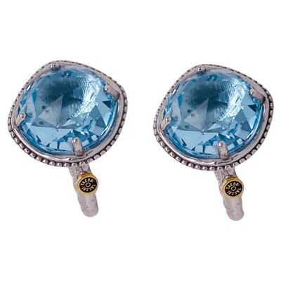 Pre-owned Tacori Sky Blue Topaz Hoops, Beaded Cushion, Sterling Silver And 18k Gold