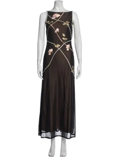 Pre-owned Tadashi Floral Print Long Dress In Brown