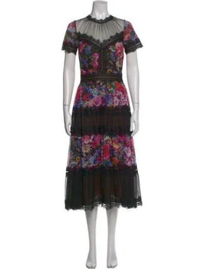 Pre-owned Tadashi Floral Print Midi Length Dress In Black