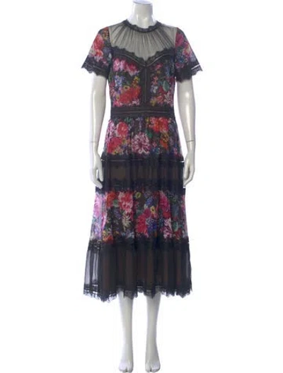 Pre-owned Tadashi Floral Print Midi Length Dress In Blue