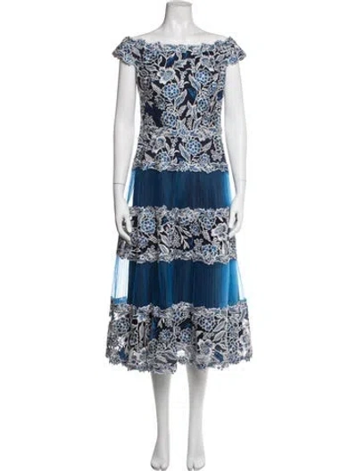 Pre-owned Tadashi Floral Print Midi Length Dress In Blue