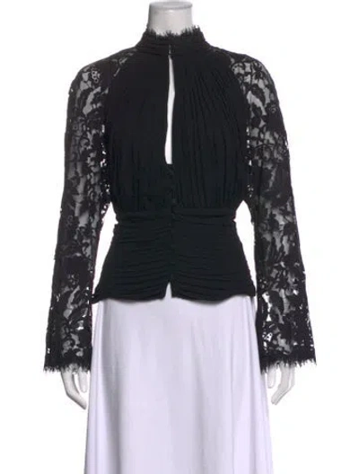 Pre-owned Tadashi Lace Pattern Mock Neck Blouse In Black