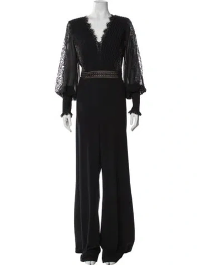 Pre-owned Tadashi Lace Pattern V-neck Jumpsuit In Black