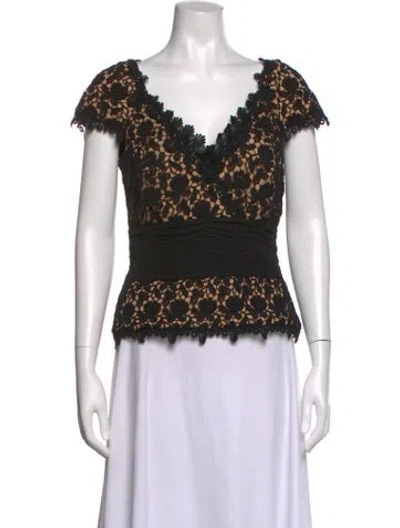 Pre-owned Tadashi Lace Pattern V-neck Top In Black