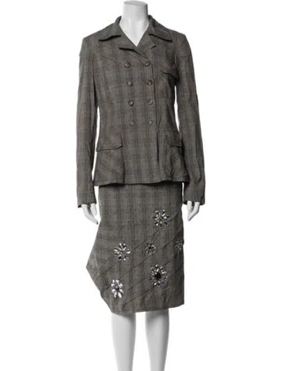 Pre-owned Tadashi Plaid Print Crystal Embellishments Skirt Suit In Brown
