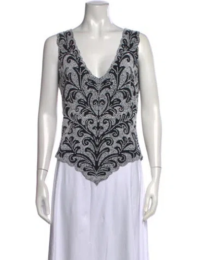 Pre-owned Tadashi Printed V-neck Top In White
