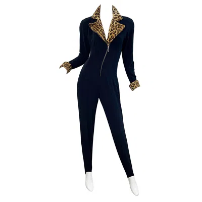 Pre-owned Tadashi Shoji 1980s Tadashi Black Faux Leopard Fur Stirrup Pants 80s Vintage Jumpsuit Cat Suit