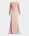 Tadashi Shoji Embroidered Leaf Print Long Sleeve Gown In Adobe Blush