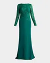 Tadashi Shoji Embroidered Leaf Print Long Sleeve Gown In Emerald