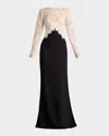 Tadashi Shoji Textured Crepe And Tulle Gown In Ivoryblack