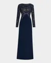 Tadashi Shoji A-line Crepe & Sequin Lace Gown In Navynude