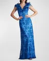 Tadashi Shoji A-line Floral-embroidered Applique Gown In Pacific Blue
