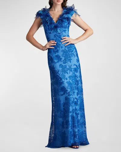 Tadashi Shoji A-line Floral-embroidered Applique Gown In Blue