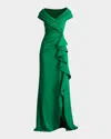 Tadashi Shoji A-line Pleated Ruffle Crepe Gown In Green Leaf
