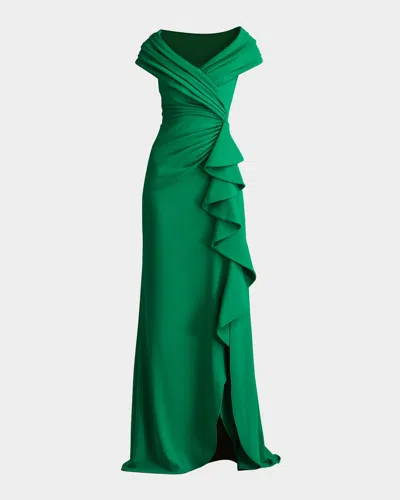 Tadashi Shoji A-line Pleated Ruffle Crepe Gown In Green Leaf