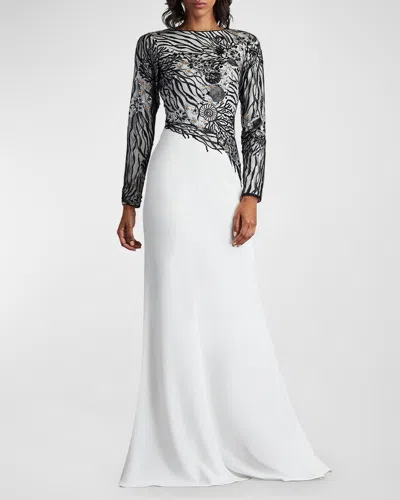 Tadashi Shoji A-line Sequin Lace & Crepe Gown In Black/ivory