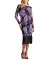 Tadashi Shoji Floral Fringe Detail Long Sleeve Dress In Black