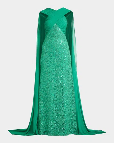 Tadashi Shoji Albioin Sequined Crisscross Sash Gown In Green