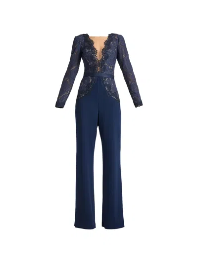 Tadashi Shoji Amaris Lace-panelled Belted Jumpsuit In Blue