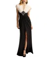 Tadashi Shoji Textured Crepe Contrast Gown In Black/ivory