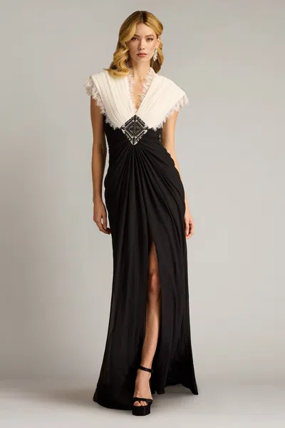 Tadashi Shoji Amelie Lace Trim Chiffon Gown In Black