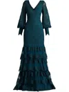 Tadashi Shoji Aponi Tiered Embroidered Gown In Blue