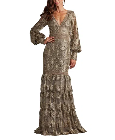 Tadashi Shoji Aponi Tiered Sequin Embroidered Gown In Bronze