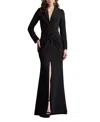 Tadashi Shoji Embroidered Crepe Flower Long Sleeve Body-con Gown In Black