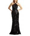 Tadashi Shoji Ares Sequin Fringe Halter Gown In Black
