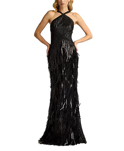 Tadashi Shoji Ares Sequin Fringe Halter Gown In Black