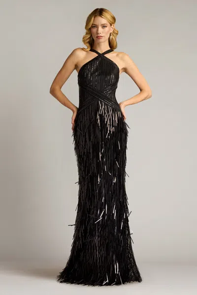 TADASHI SHOJI ARES SEQUIN FRINGE HALTER GOWN