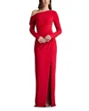 Tadashi Shoji Pleated One-shoulder Long Sleeve Crepe Gown In Red
