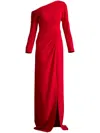 Tadashi Shoji Pleated One-shoulder Long Sleeve Crepe Gown In Red