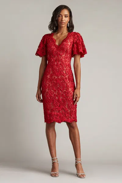 Tadashi Shoji Arnett Embroidered Flutter Sleeve Dress In Red