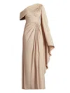 Tadashi Shoji Pleated One-shoulder Cape Gown In Neutrals