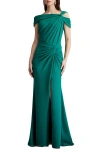 Tadashi Shoji Pleated Cold-shoulder Crepe Gown In Emerald