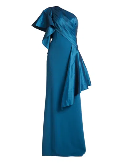 Tadashi Shoji Asymmetric-neck Ruffled Maxi Dress In Blue