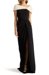 Tadashi Shoji Textured Crepe Cap Sleeve Contrast Gown In Black/ivory