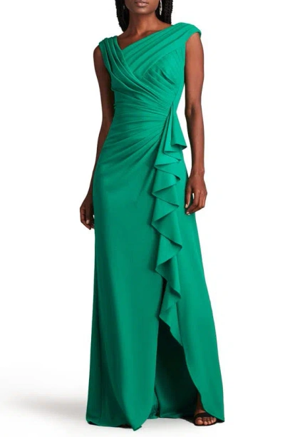 Tadashi Shoji Portrait Collar Gown With Cascading Ruffle In Aloe Green