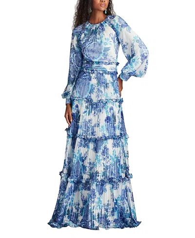 TADASHI SHOJI ATLAS PLEATED FLORAL PRINT GOWN