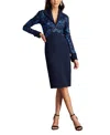 Tadashi Shoji Embroidery Detail Long Sleeve Crepe Sheath Dress In Midnight