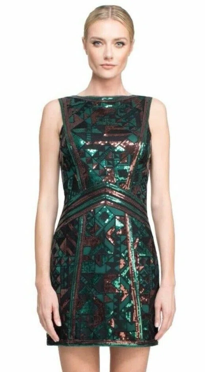 Pre-owned Tadashi Shoji Avery Embroidered Geometric Sequin Tulle Deep Leaf Dress In Starry Night