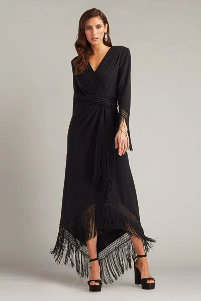 Tadashi Shoji Fringe Detail Long Sleeve Gown In Black