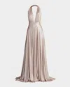 Tadashi Shoji Zarelle Pleated Metallic Halter Gown