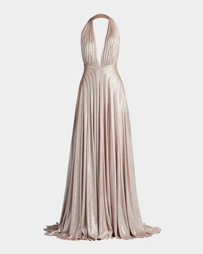 TADASHI SHOJI BACKLESS DRAPED DEEP V-NECK GOWN