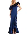 Tadashi Shoji Bala Ruffle Trim Gown In Navy