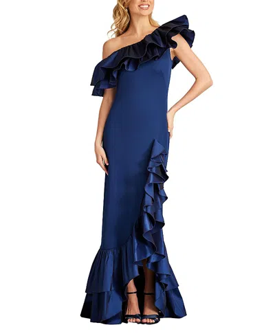 Tadashi Shoji Bala Ruffle Trim Gown In Navy